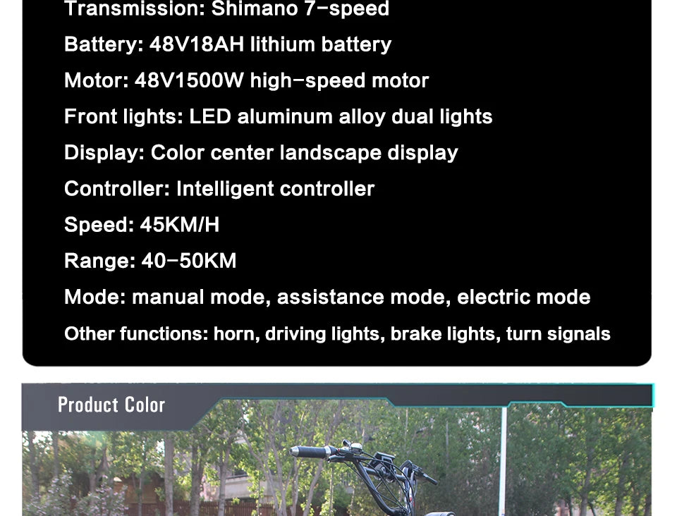 Motorcycle Style Electric Bicycle 20*4.0Inch Fat Tire Mountain Off-Road E-bike 1500W 48V 18AH Hydraulic disc brake Electric Bike