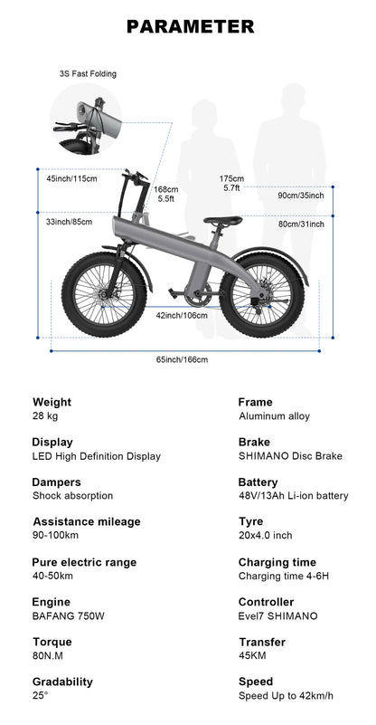 HX Q3 Adult Ebike Electric Bike Folding 750w 48V 13AH 20 inch Fat Tire Electric Bicycle Mountain Cycling Bike