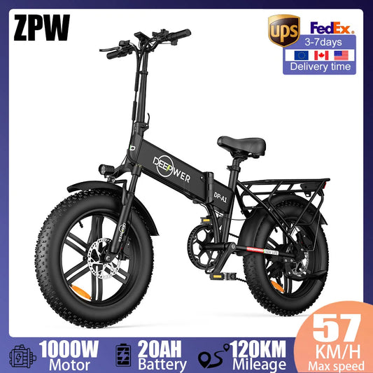 ZPW A1 20 inch Ebike 1000W 48V 20AH Off-road Adult Electric Bike Folding Mountain Snow Fat Tire Electric Bicycle