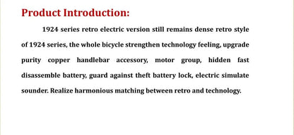 1924 Craftsman 26inch Vintage Electric Bicycle Retro Booster Power-Assisted Electric Bike Bicycle Accessories