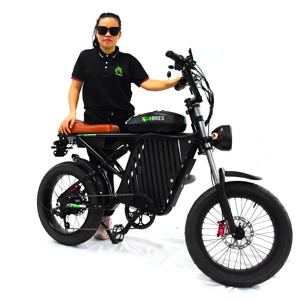 YQEBIKES Black Super Chopper Electric Bike 73 RX 48V 1000W Electric Bicycle Mountain Road EBike with Dedicated Storage Basket