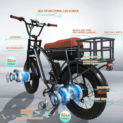 Electric Retro Cargo Bike 2000W Dual Motor Motorcycle Ebike 48V 18Ah EBike 20" Fat Tire 7 Speed MTB Mountain Road Snow E Bike