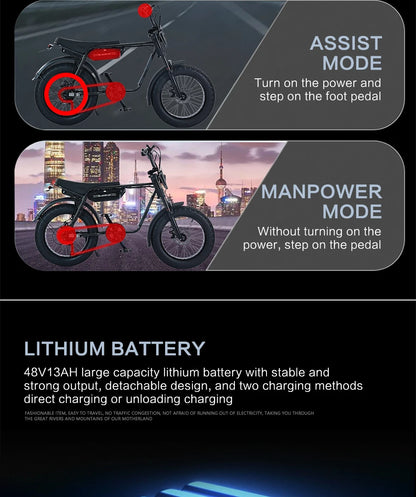 20Inch Electric Bike for Mens and Women 750W Motor 4.0 Fat Tire 48V 13AH Removable Battery Beach Snow  Ebicycle Long Range Ebike