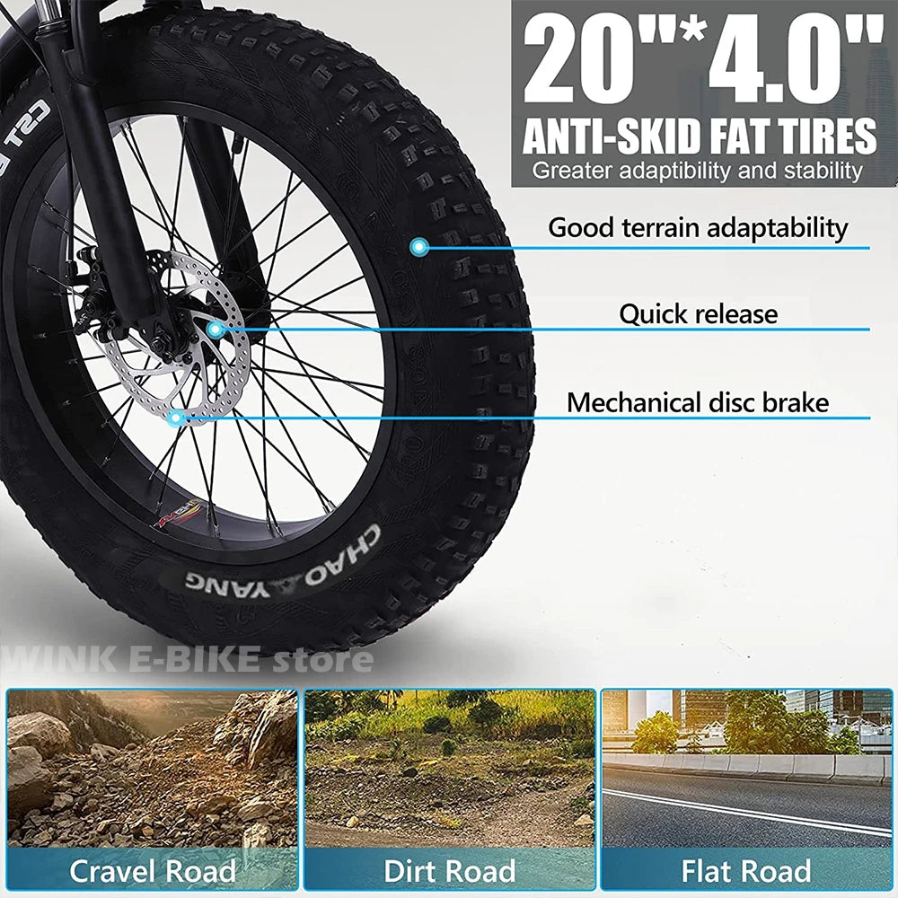 1500W Motor Electric Bike 20" 4.0 Fat Tire Electric Bicycle for Adults 18AH Removable Battery Ebike Electric Snow Bike for Man