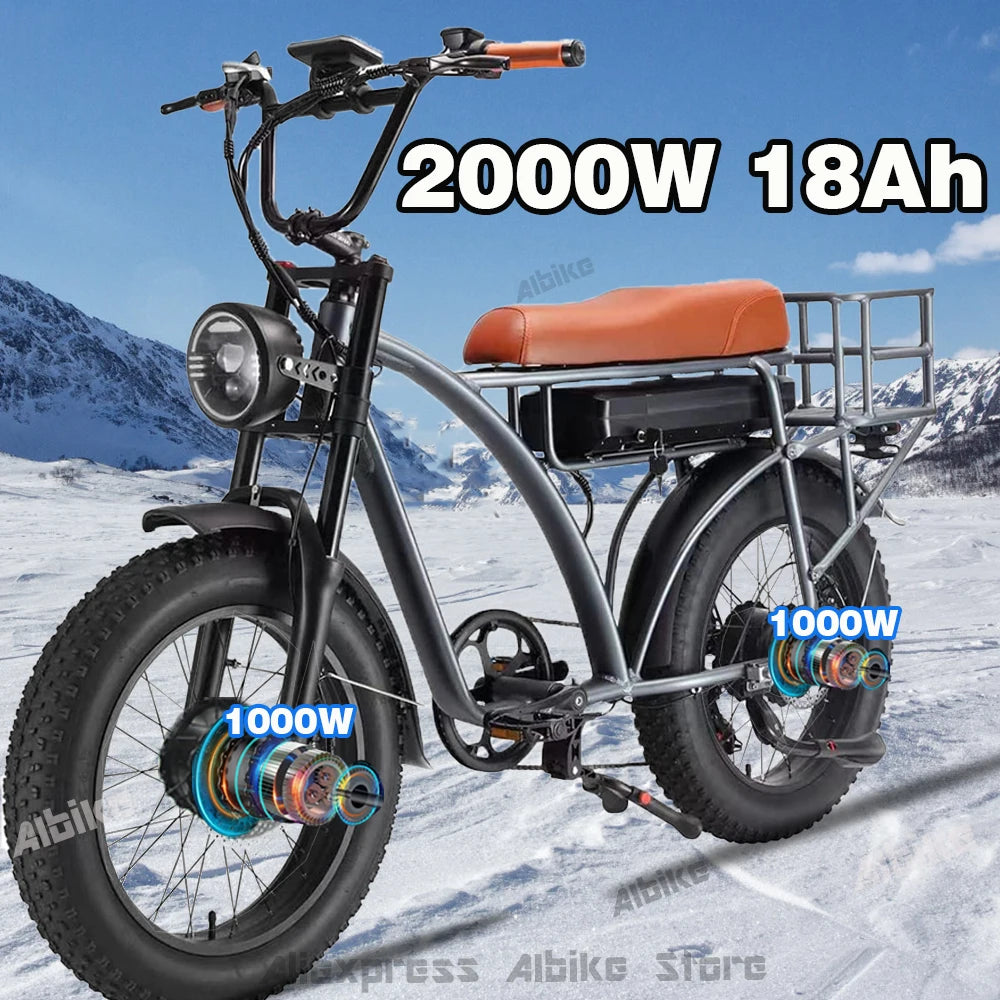 Electric Retro Cargo Bike 2000W Dual Motor Motorcycle Ebike 48V 18Ah EBike 20" Fat Tire 7 Speed MTB Mountain Road Snow E Bike