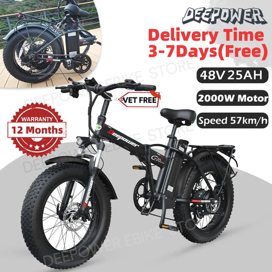 DEEPOWER G20PRO 2000W 48V 25AH Electric Bicycle 20Inch Fat Tire Electric Bike Outdoor Folding Mountain Ebike Adult Snow Bicycle